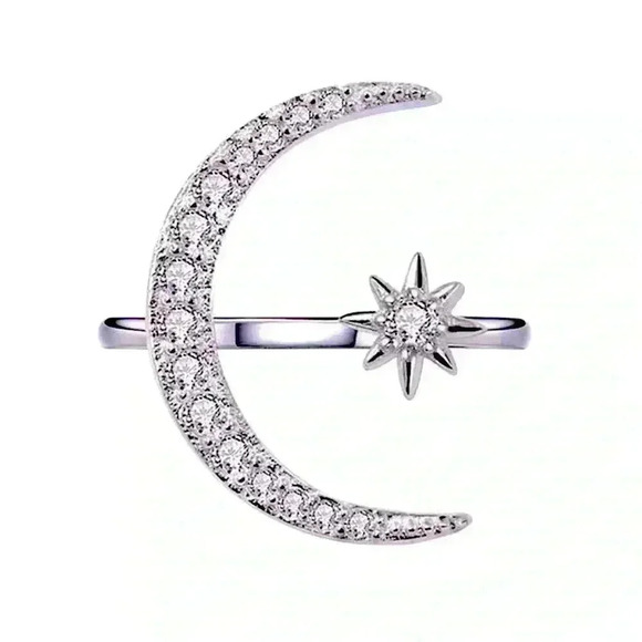 New 14k Gold Over Silver Diamond Moon Star Open Ring - Picture 1 of 4